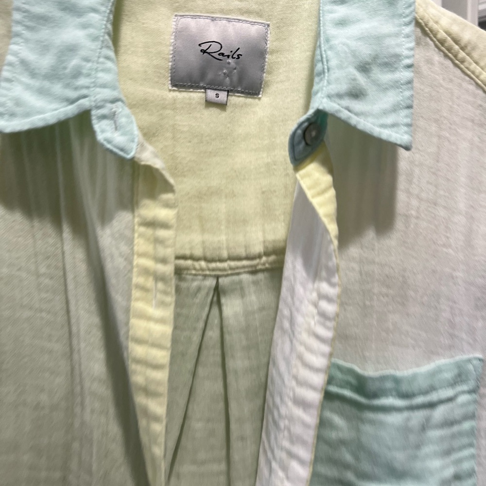 Rails Pastel Colorblock Button-Up Blouse in Mint, Pale Yellow, and White